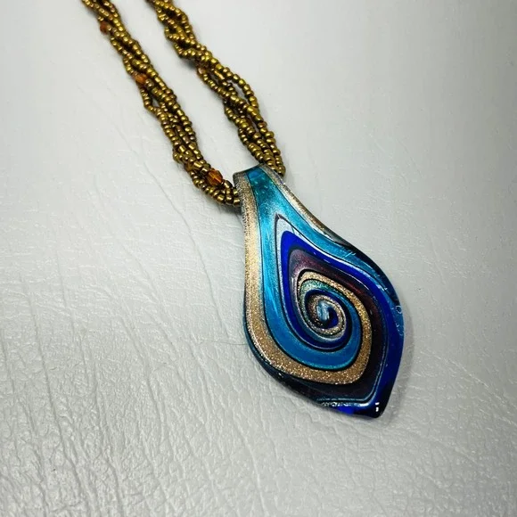 Art Glass Swirl Pendant Necklace Blue Gold Teardrop Beaded Braided Strand - Picture 7 of 7